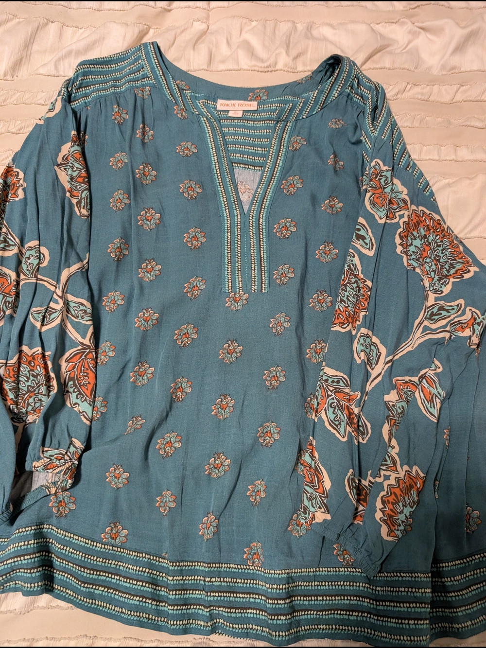 Knox Rose Teal Floral Tunic with Orange Accents